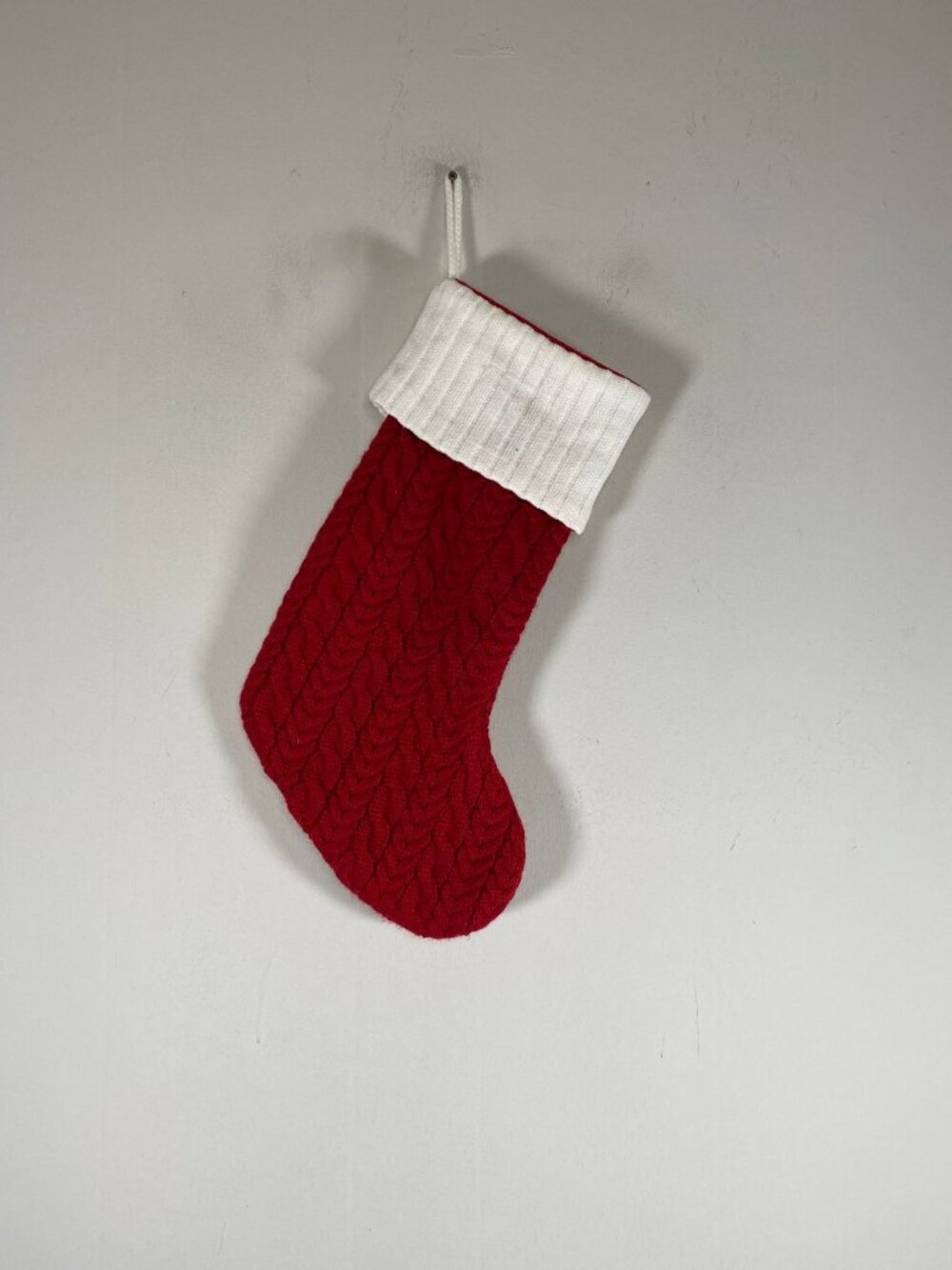 Christmas Stocking Cable Knit Red With White Cuff Holiday Seasonal Decor